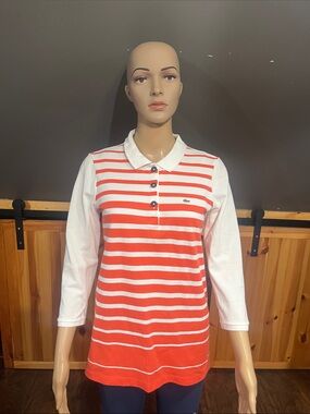 Lacoste Women's Red and White Striped Button-Down Polo Top